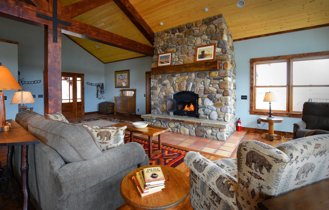 Photo wallpaper interior, oven, living room, ranch, living cabin in Ennis, ranch Rainbow West