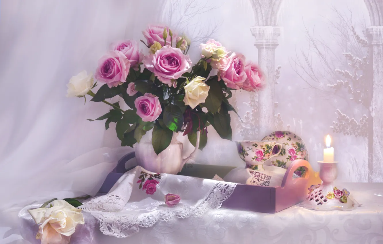 Photo wallpaper roses, bouquet, candles, Cup, embroidery