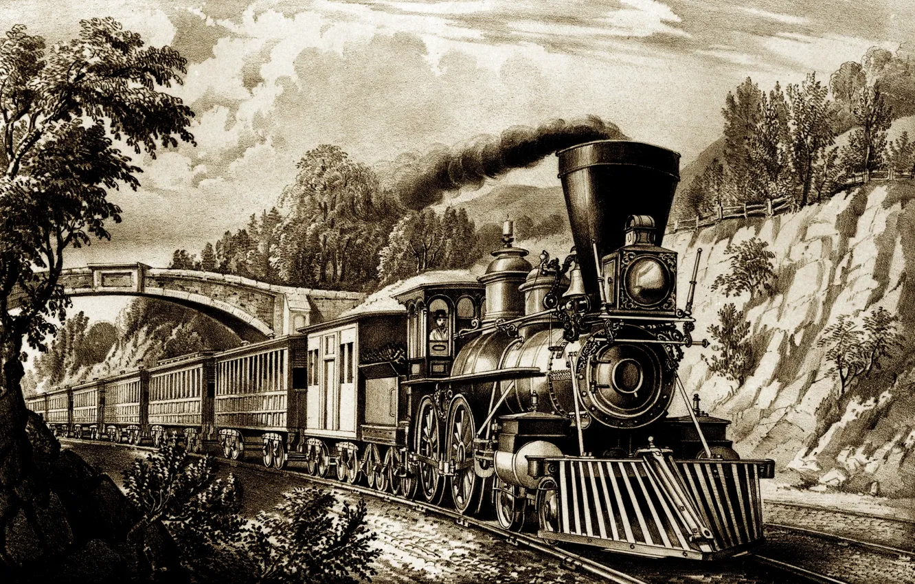 Photo wallpaper road, train, the engine, picture, the car, iron, history, retro