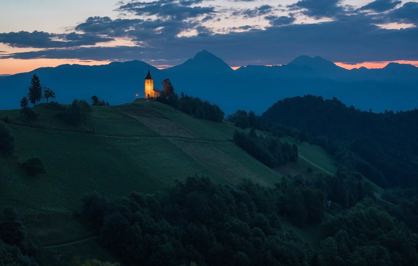 Photo wallpaper landscape, mountains, dawn, hills, Church, Sergey Serushkin