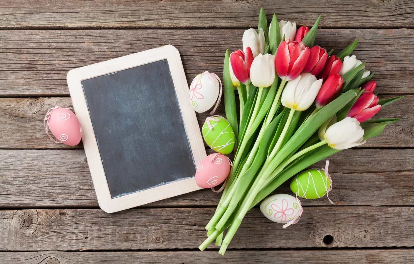 Photo wallpaper flowers, Board, eggs, spring, colorful, Easter, wood, flowers