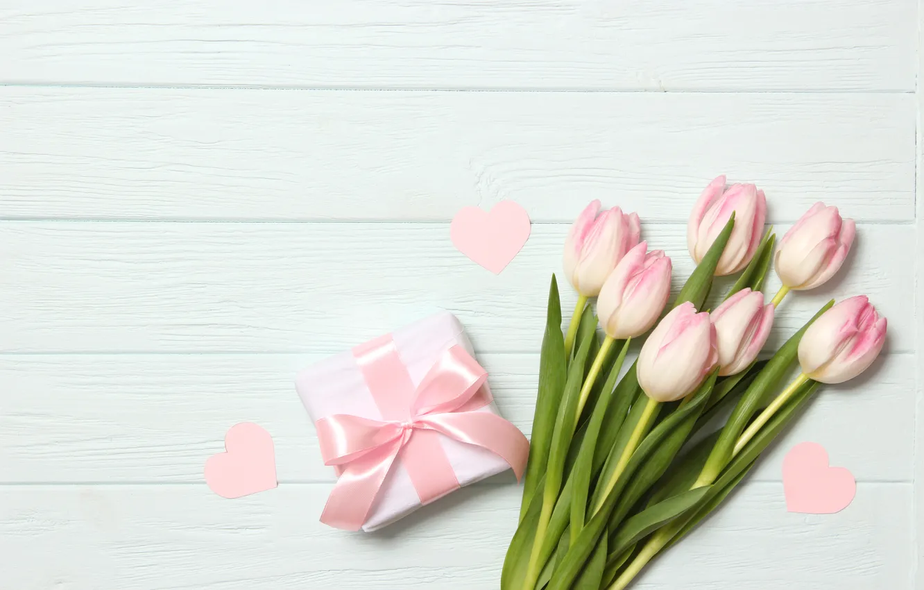 Photo wallpaper flowers, gift, bouquet, tulips, pink, wood, pink, flowers