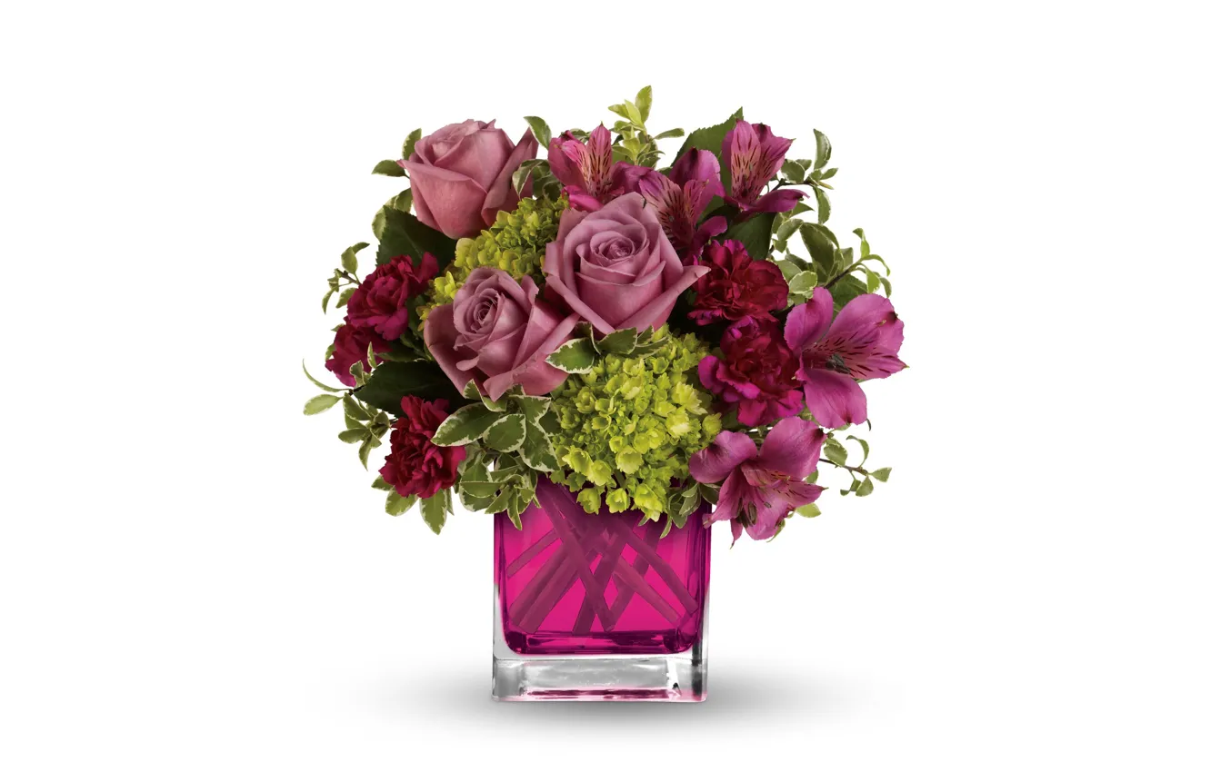 Photo wallpaper roses, bouquet, vase, alstremeria