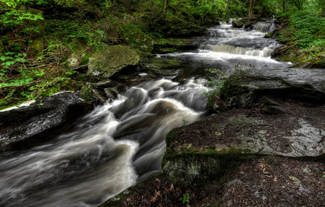 Photo wallpaper rocks, waterfall, stream