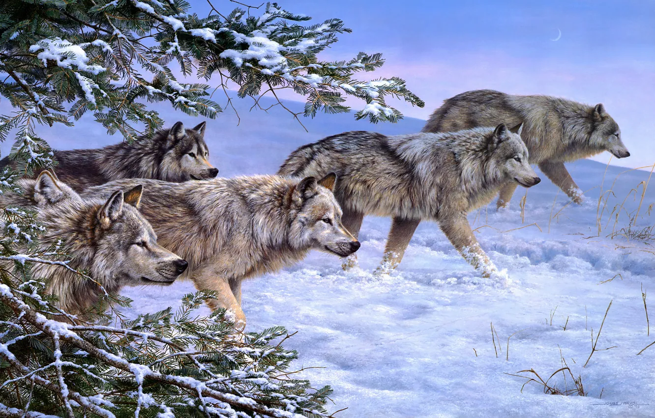 Photo wallpaper winter, forest, snow, branches, pack, picture, art, wolves