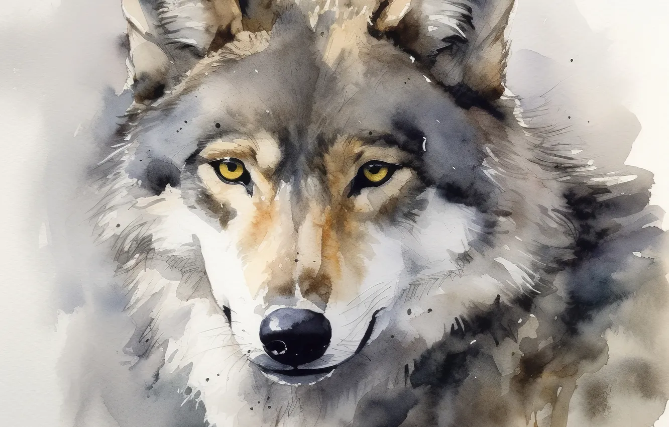Photo wallpaper look, face, grey, wolf, portrait, watercolor, painting, imitation of watercolor