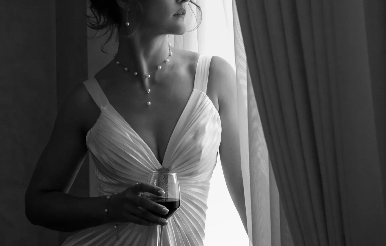 Photo wallpaper wine, glass, window, black and white, curtains, Alexander