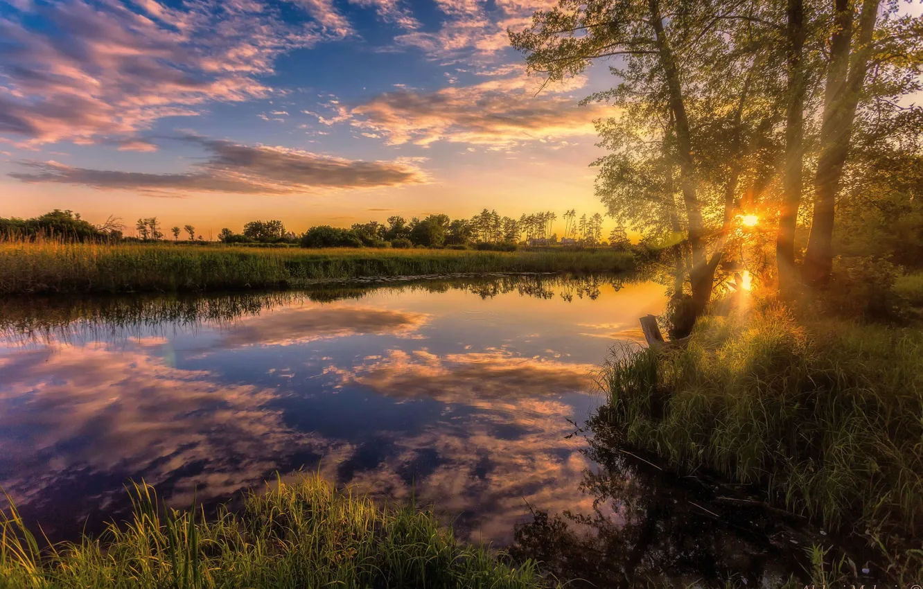 Photo wallpaper the sky, the sun, sunset, nature, reflection, river, Alexey Malygin