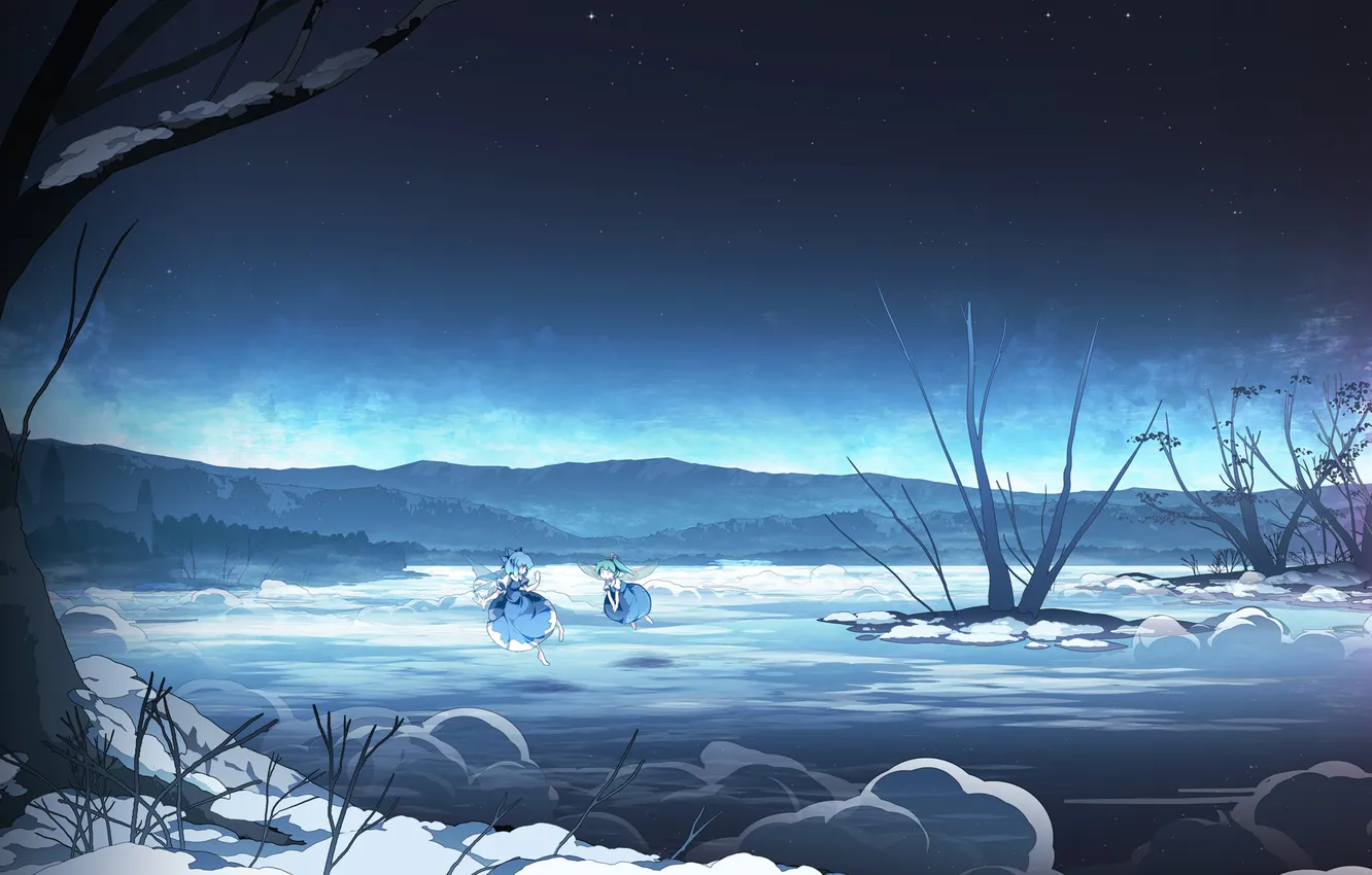 Photo wallpaper the sky, girl, stars, snow, trees, flight, mountains, night