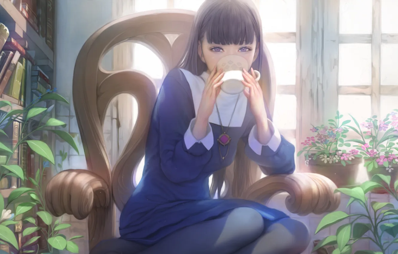 Photo wallpaper girl, flowers, window, chair, mug, Cup, pendant, book