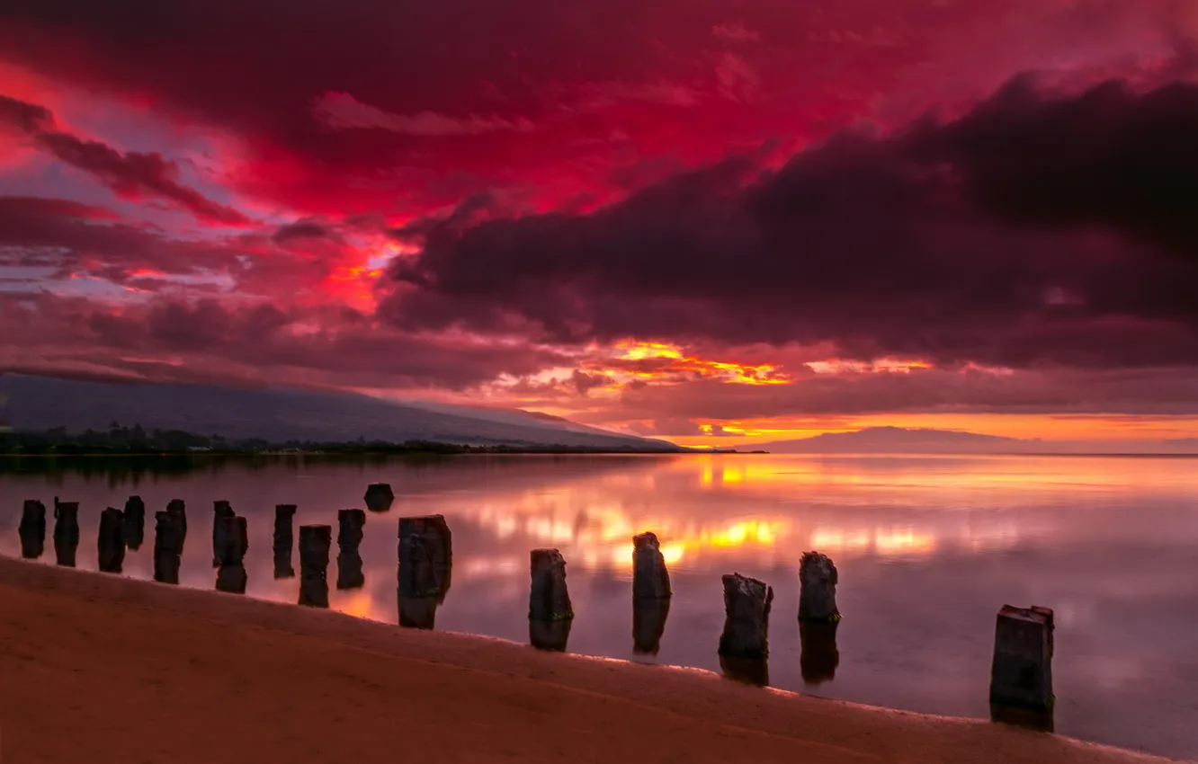 Photo wallpaper sea, beach, the sky, landscape, sunset, clouds, shore