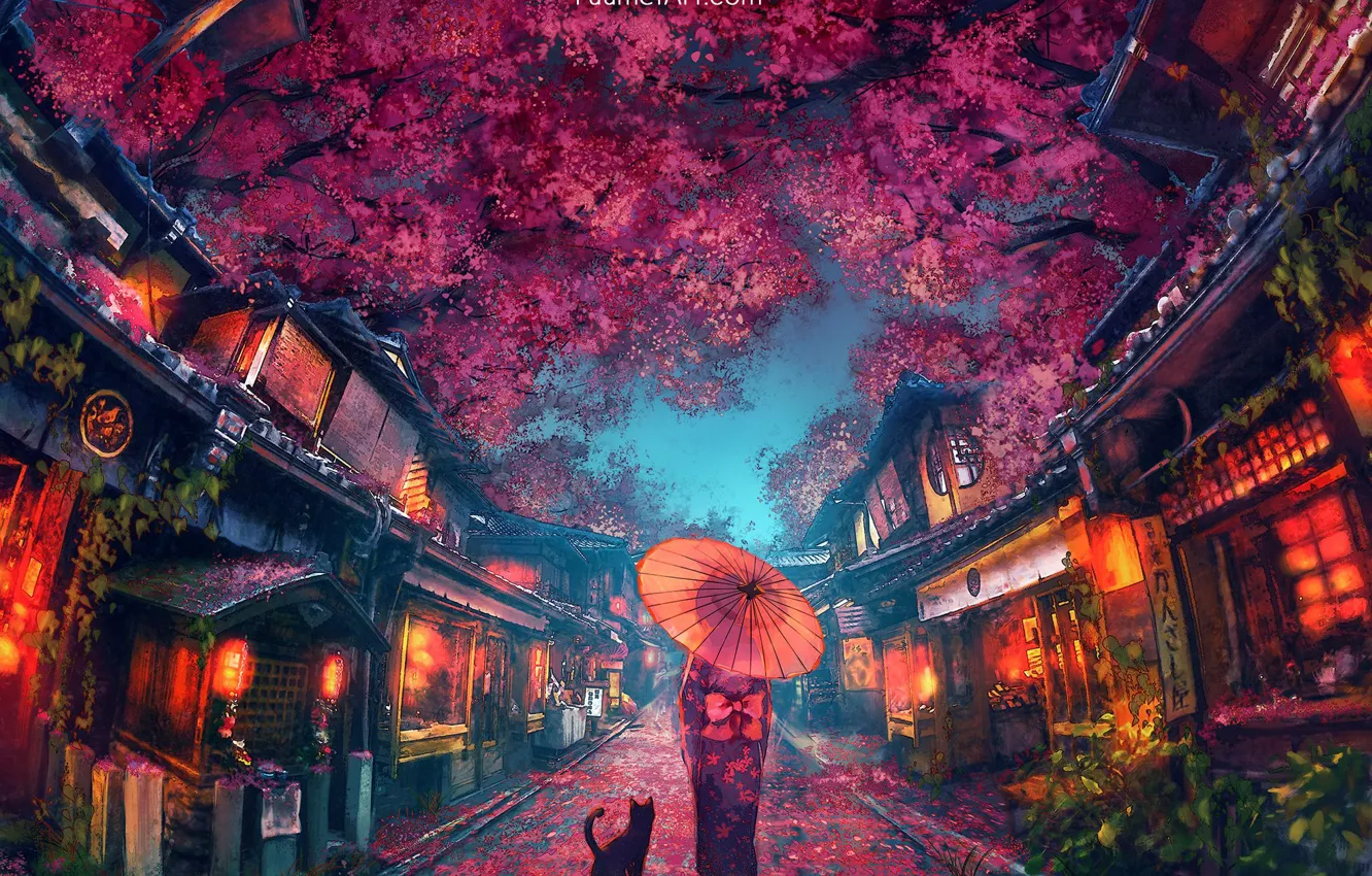 Photo wallpaper umbrella, Japan, girl, kimono, the light in the Windows, evening city, the red lanterns, black …