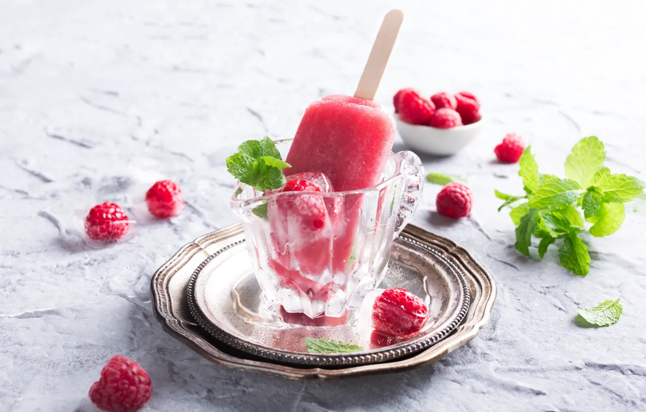 Photo wallpaper raspberry, ice, ice cream, mint, dessert, fruit ice