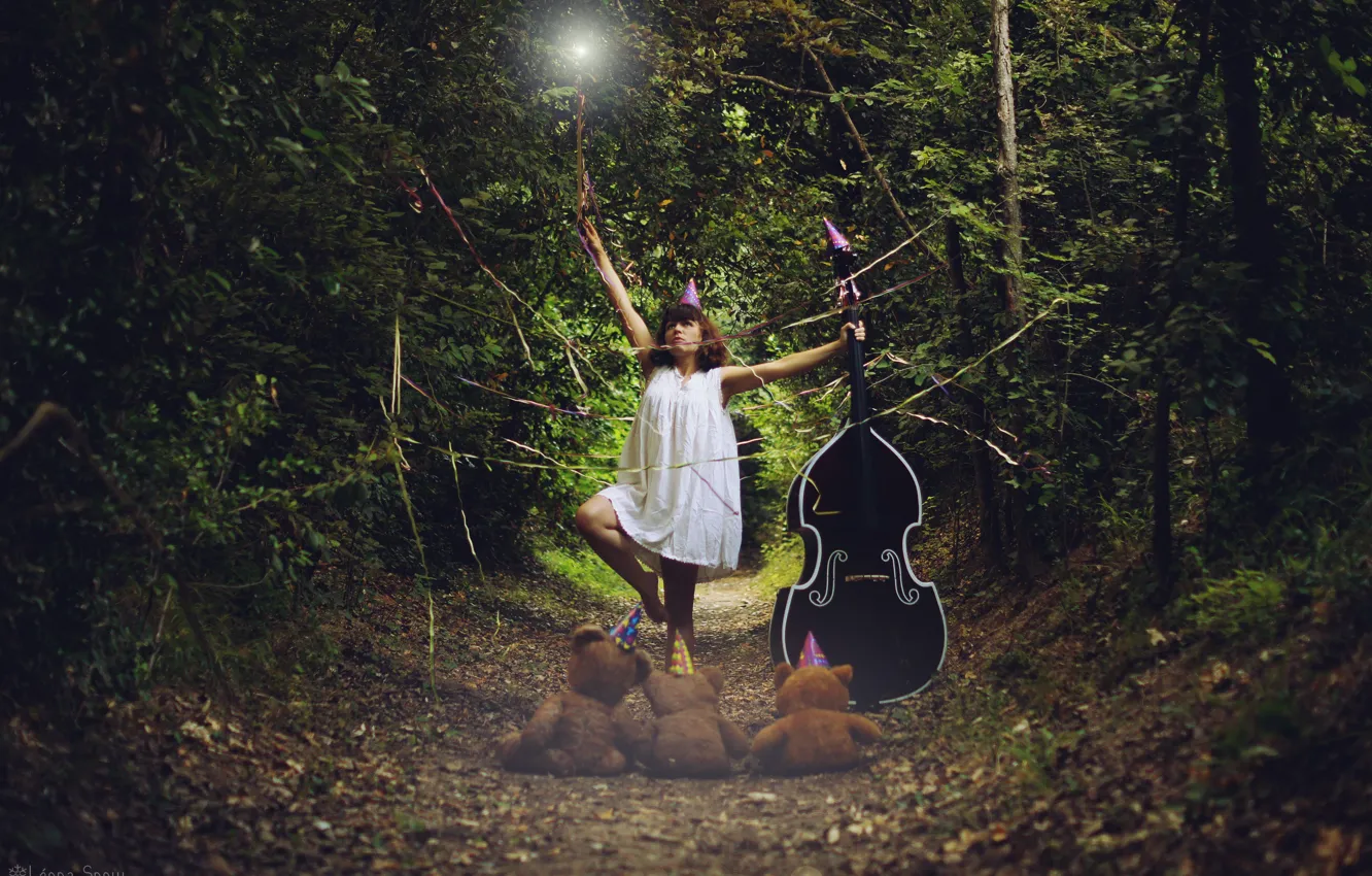 Photo wallpaper forest, girl, concert, bears, the audience, bass, soft toys