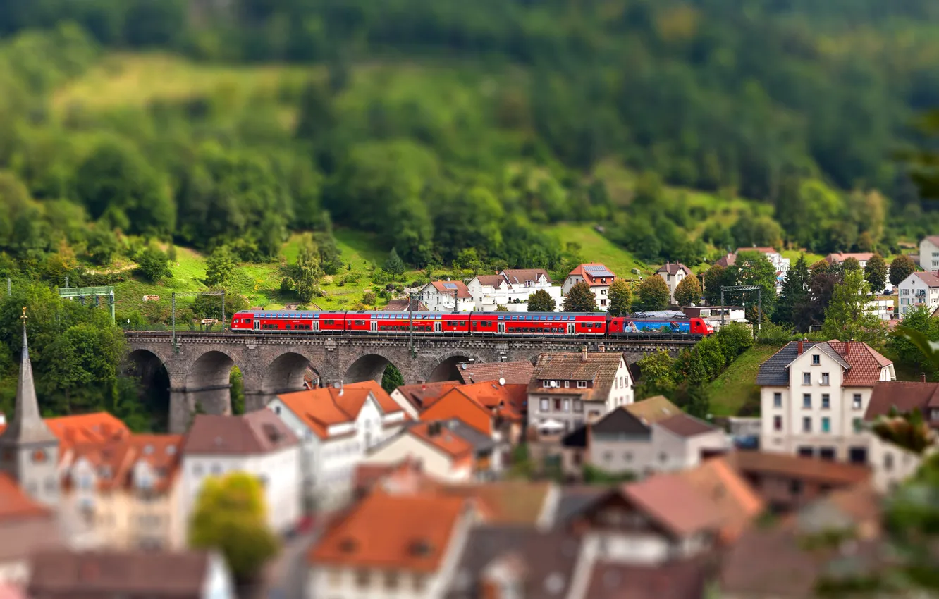 Photo wallpaper the city, train, home, Europe, tilt shift