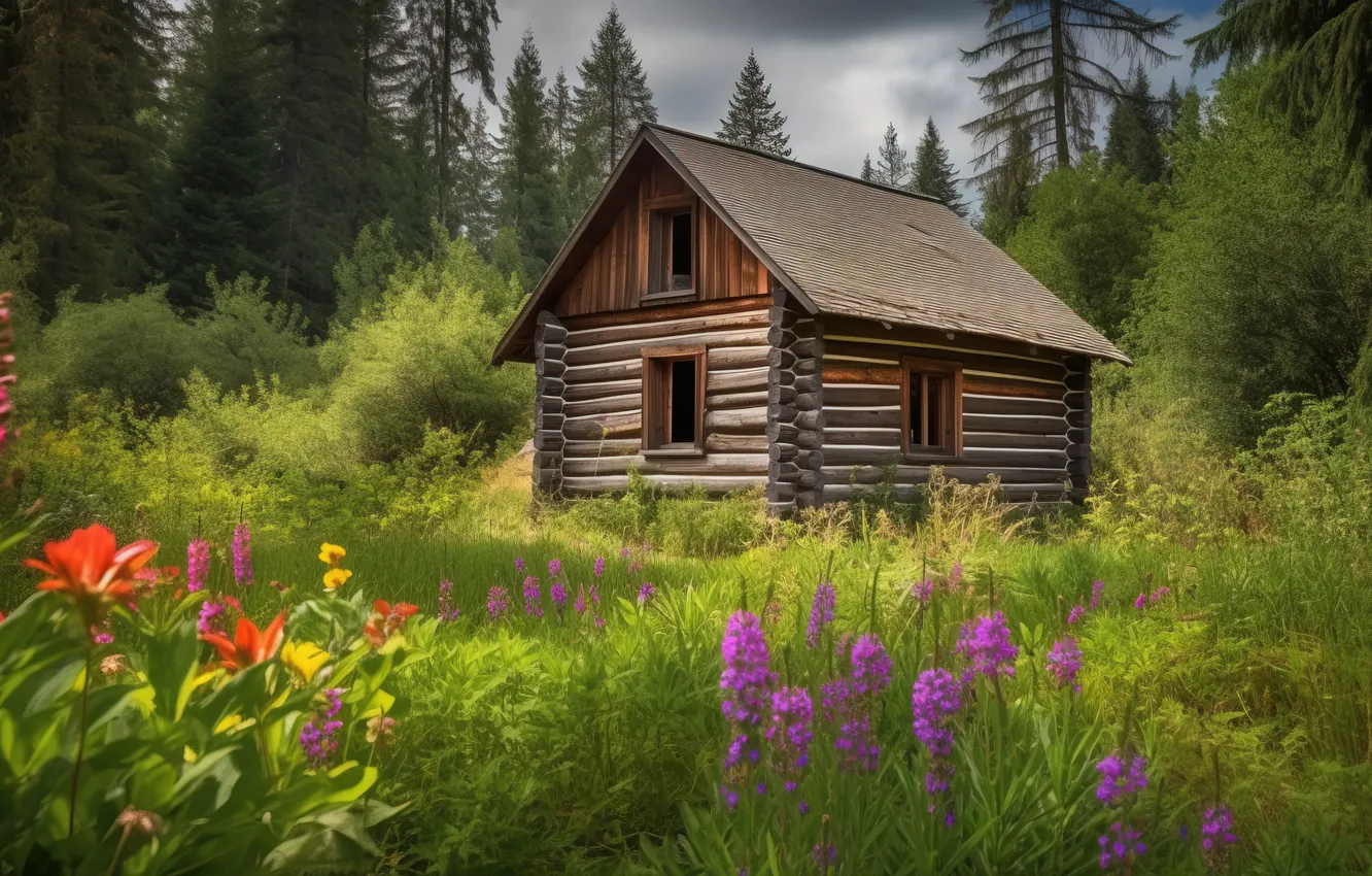 Photo wallpaper forest, landscape, flowers, mountains, nature, glade, view, home