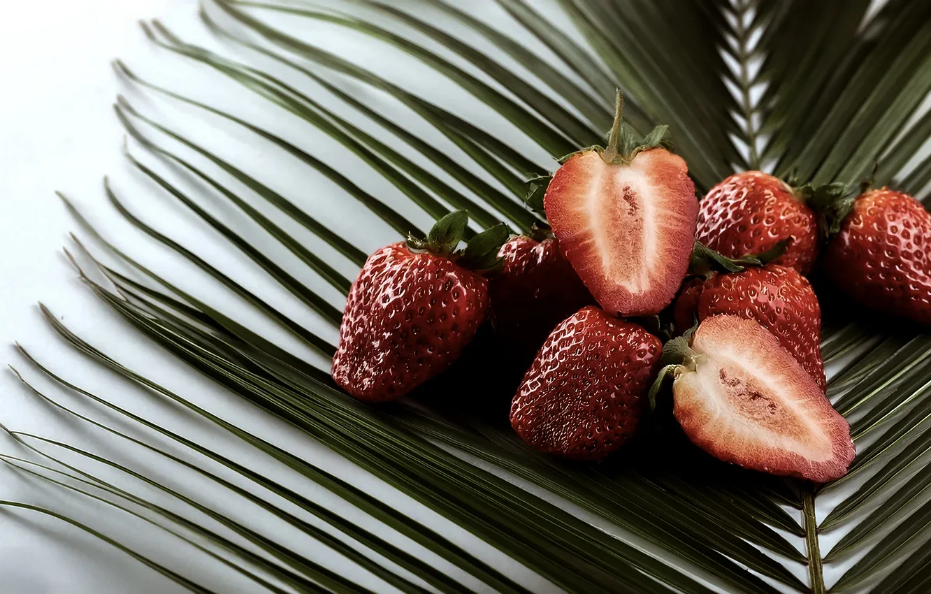 Photo wallpaper leaves, berries, strawberry, a handful, AI art, neural network