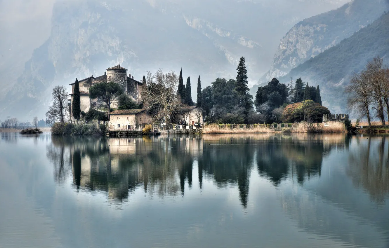 Photo wallpaper mountains, lake, castle, Alps, Italy, Castel Toblino, Lake Toblino, Calavino