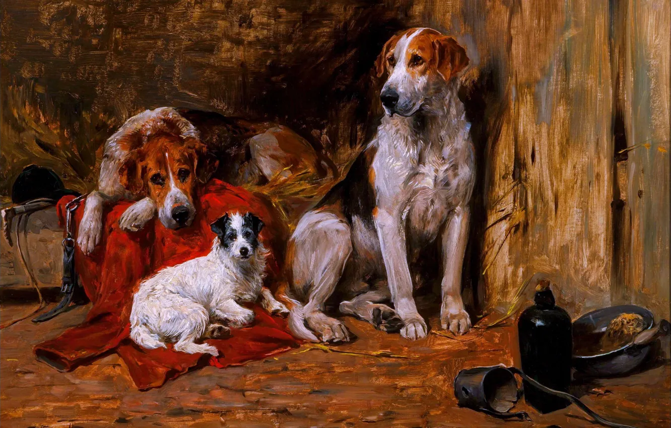 Photo wallpaper dog, picture, three, British painter, John Emms, John EMMS, Hounds and Jack Russell Terrier in …