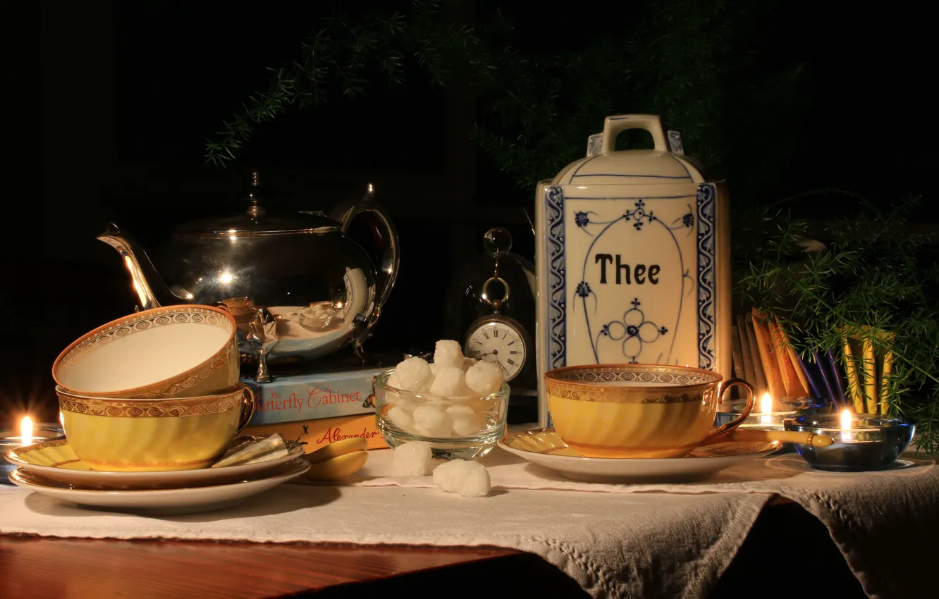 Photo wallpaper tea, candles, kettle, Cup, sugar, still life
