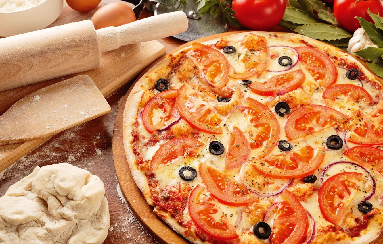 Photo wallpaper pizza, tomatoes, olives