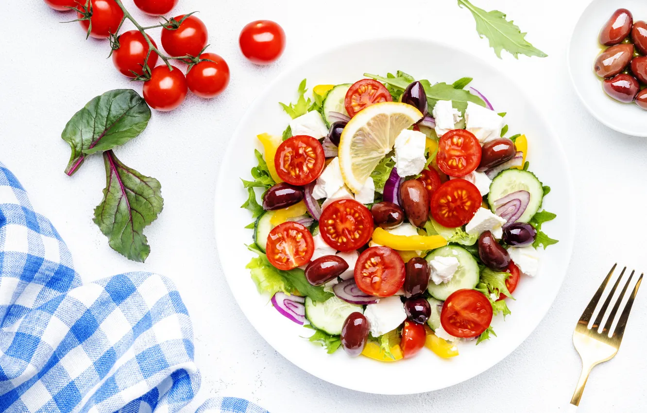 Photo wallpaper greens, table, lemon, food, towel, cheese, plate, white background