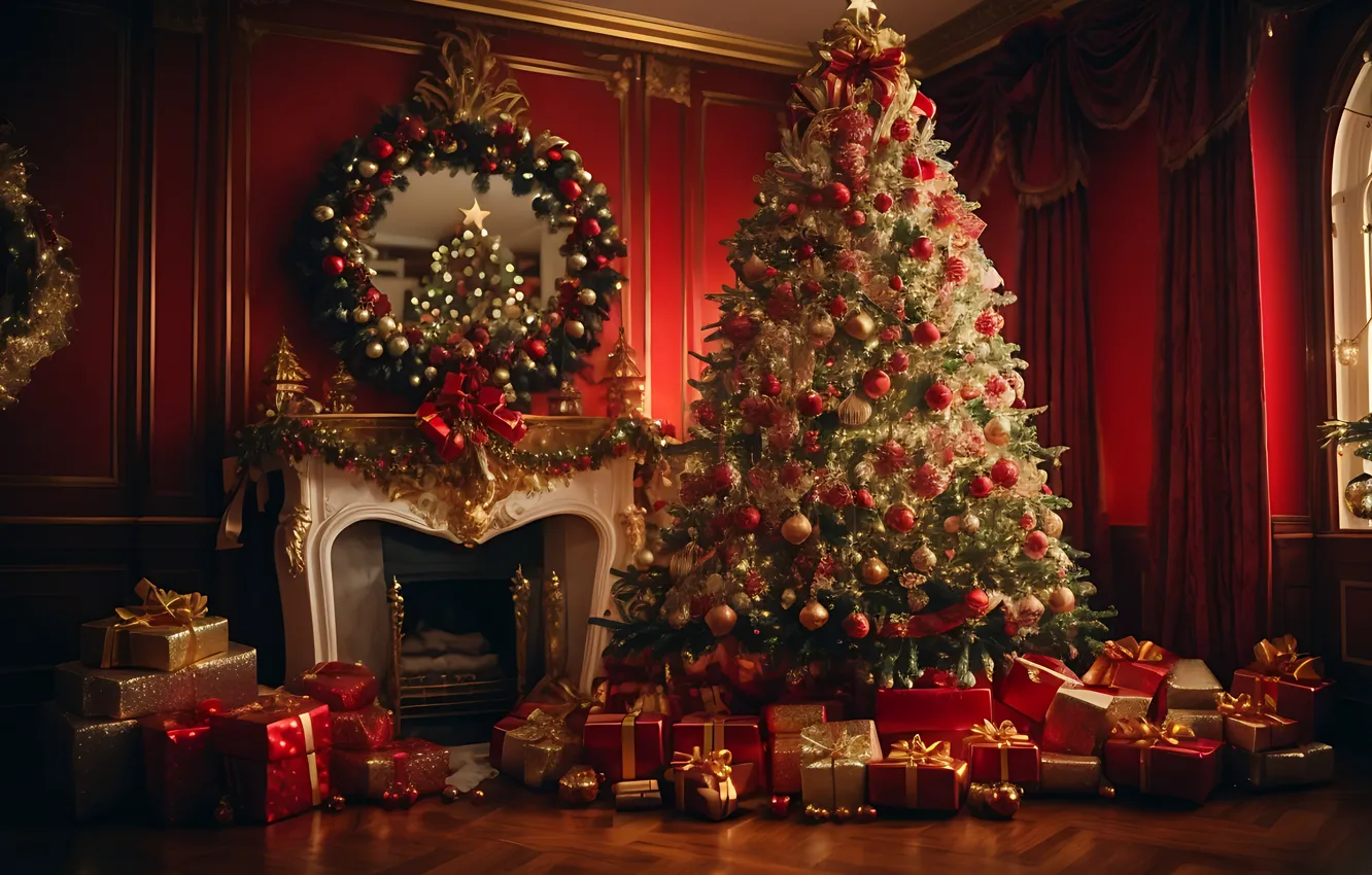 Photo wallpaper decoration, room, gift, balls, tree, new year, interior, Christmas