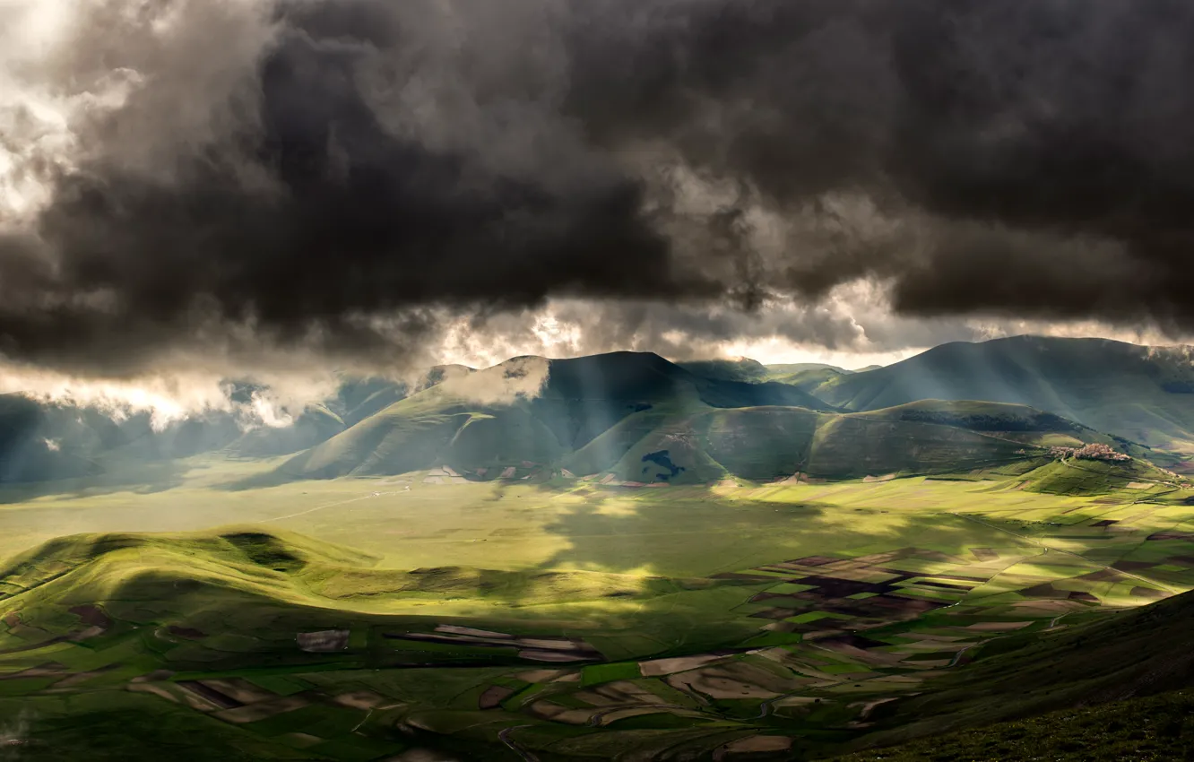 Photo wallpaper the sun, clouds, mountains, storm, sunshine, storm, Valley, mountains