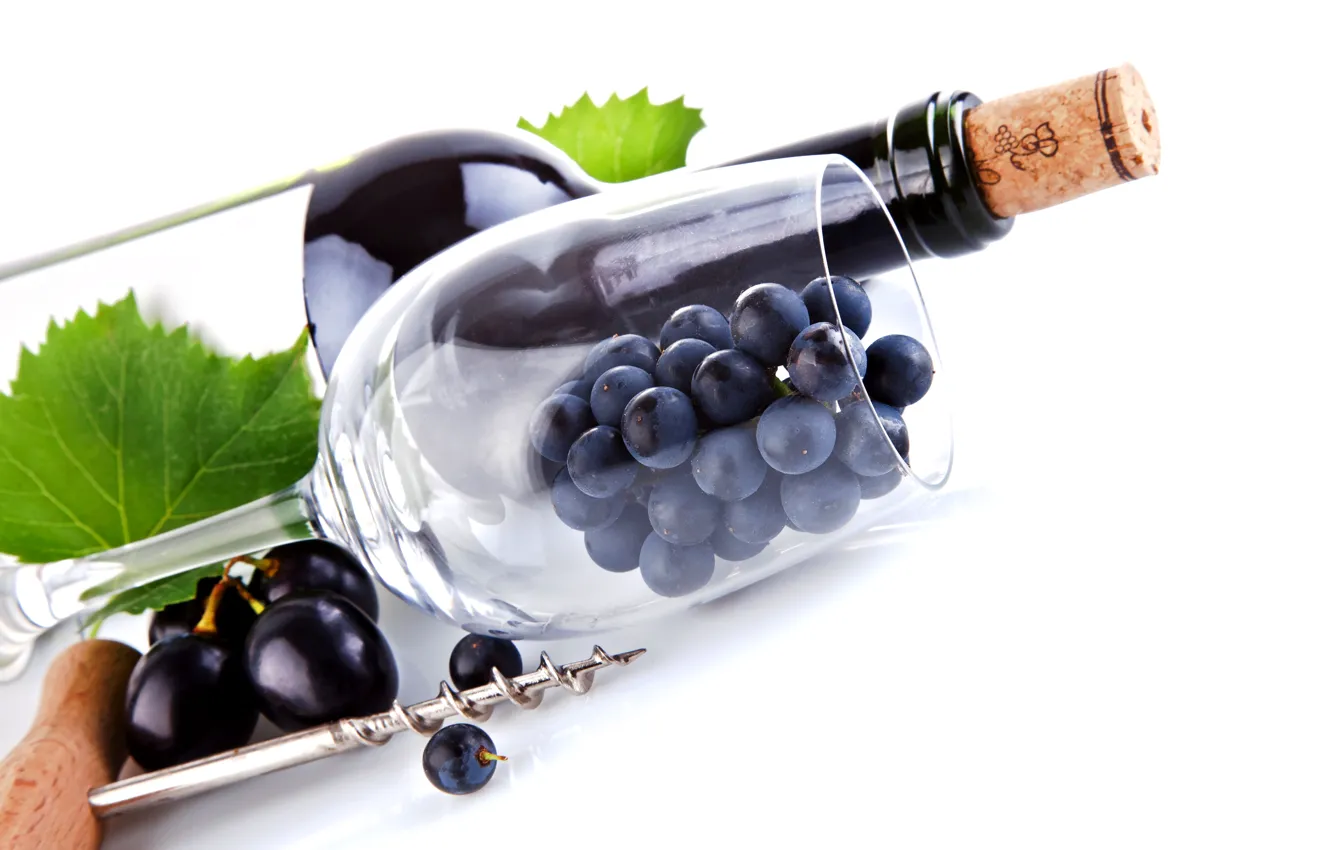 Photo wallpaper leaves, macro, wine, glass, bottle, grapes, tube, corkscrew