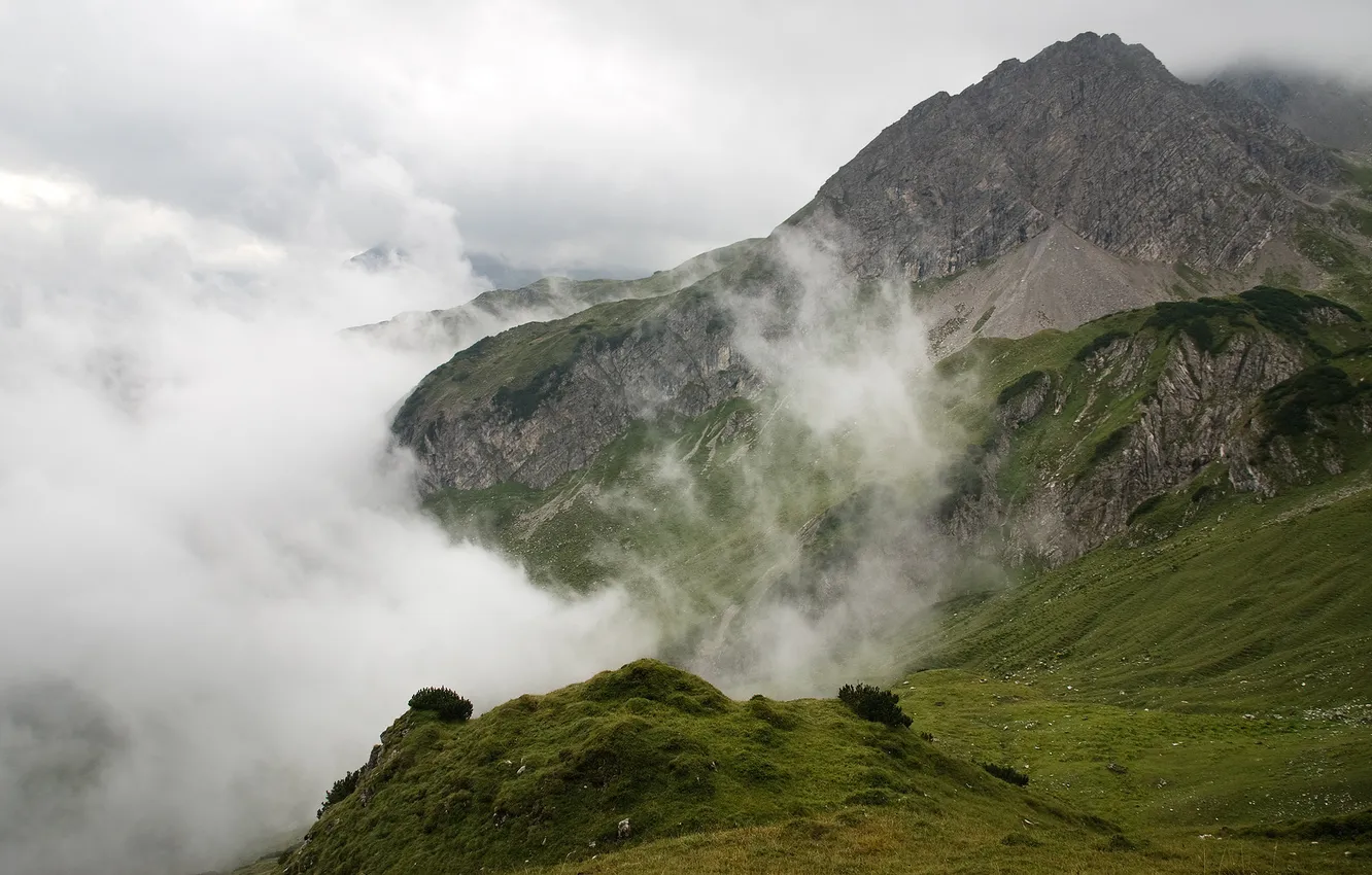 Photo wallpaper grass, clouds, mountains, Alps, cybercake, The Alps