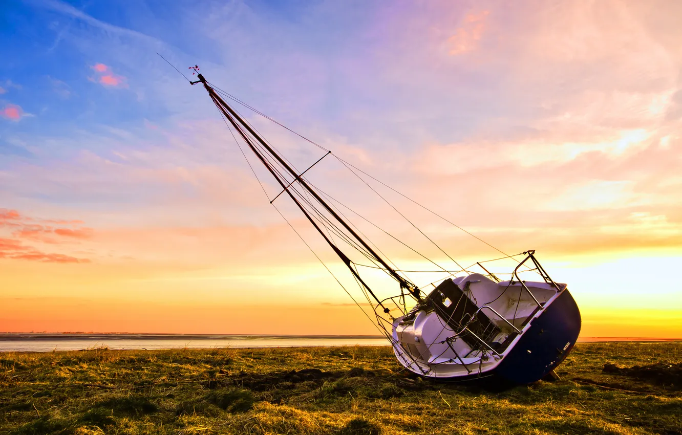 Photo wallpaper grass, river, shore, boat, sailboat, art