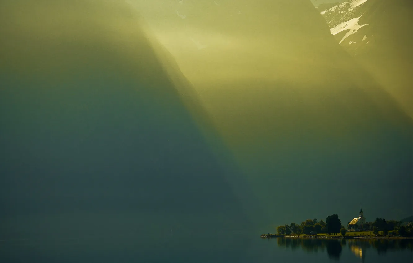 Photo wallpaper light, mountains, fog, lake, shore
