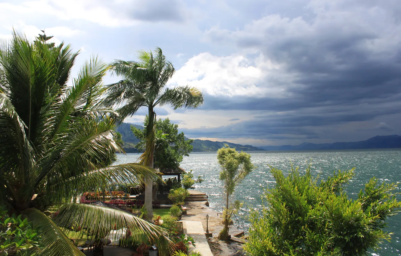 Photo wallpaper clouds, mountains, clouds, lake, tropics, palm trees, Indonesia, Sumatra