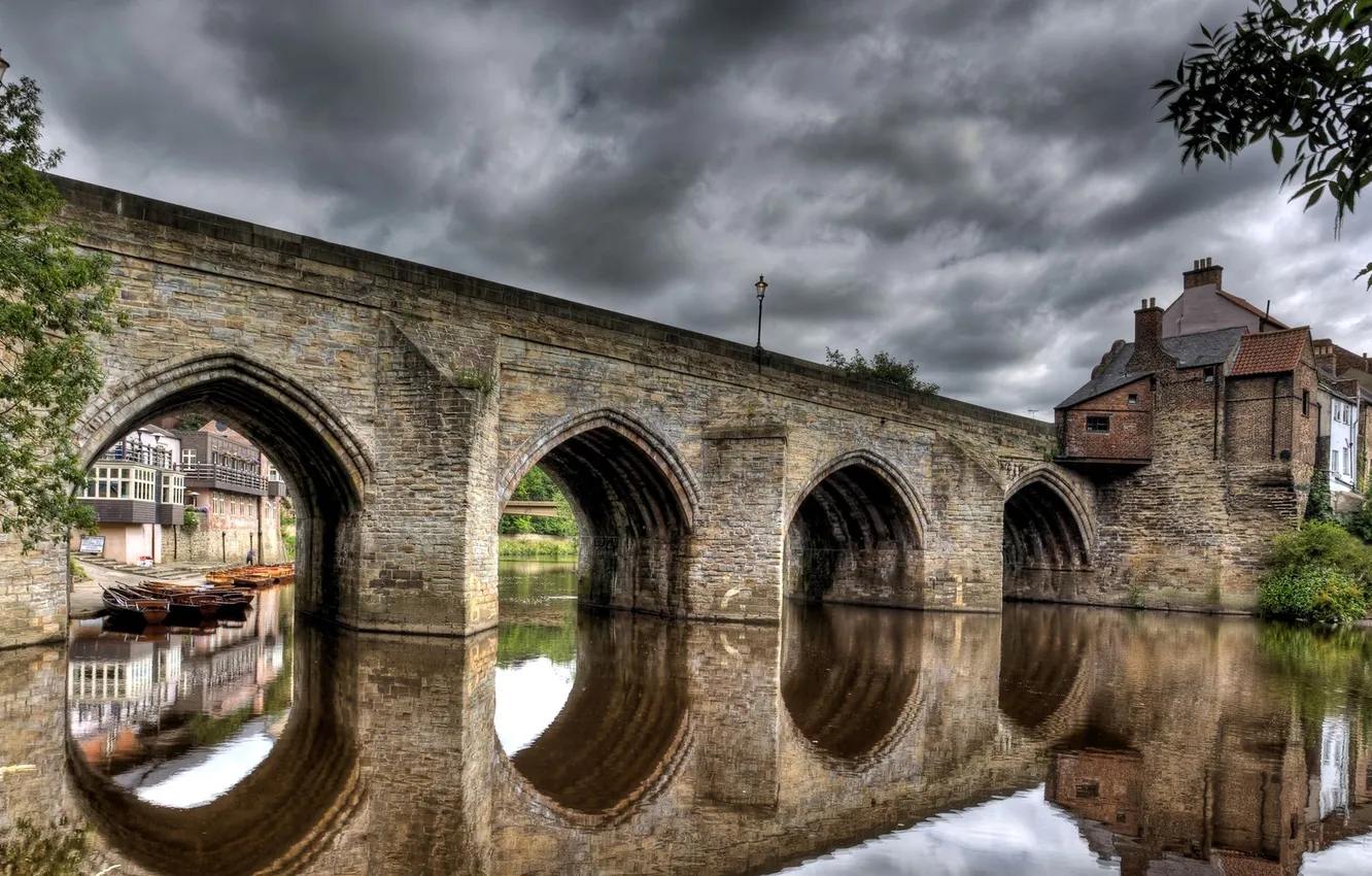Photo wallpaper the sky, clouds, bridge, river, HDR, home