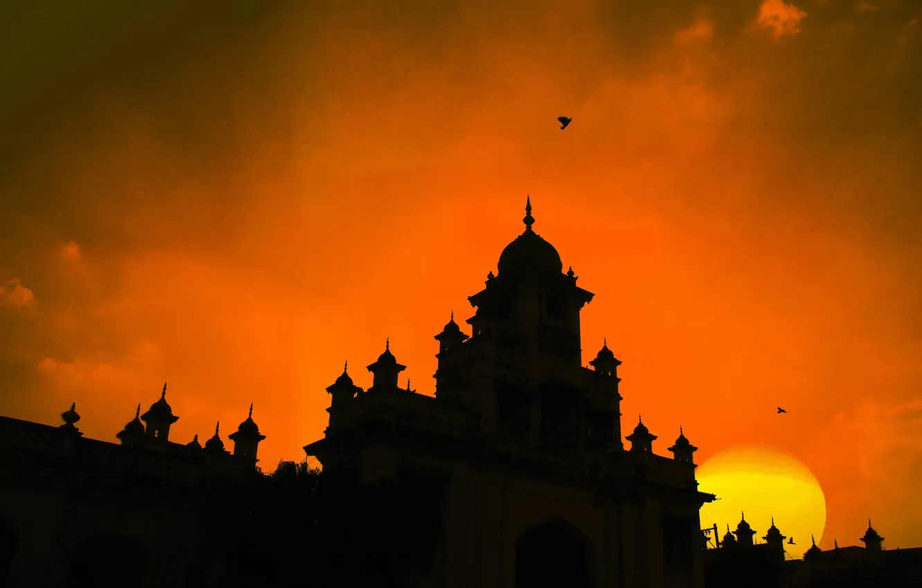 Photo wallpaper the sky, the sun, clouds, sunset, castle, tower, silhouette, Palace