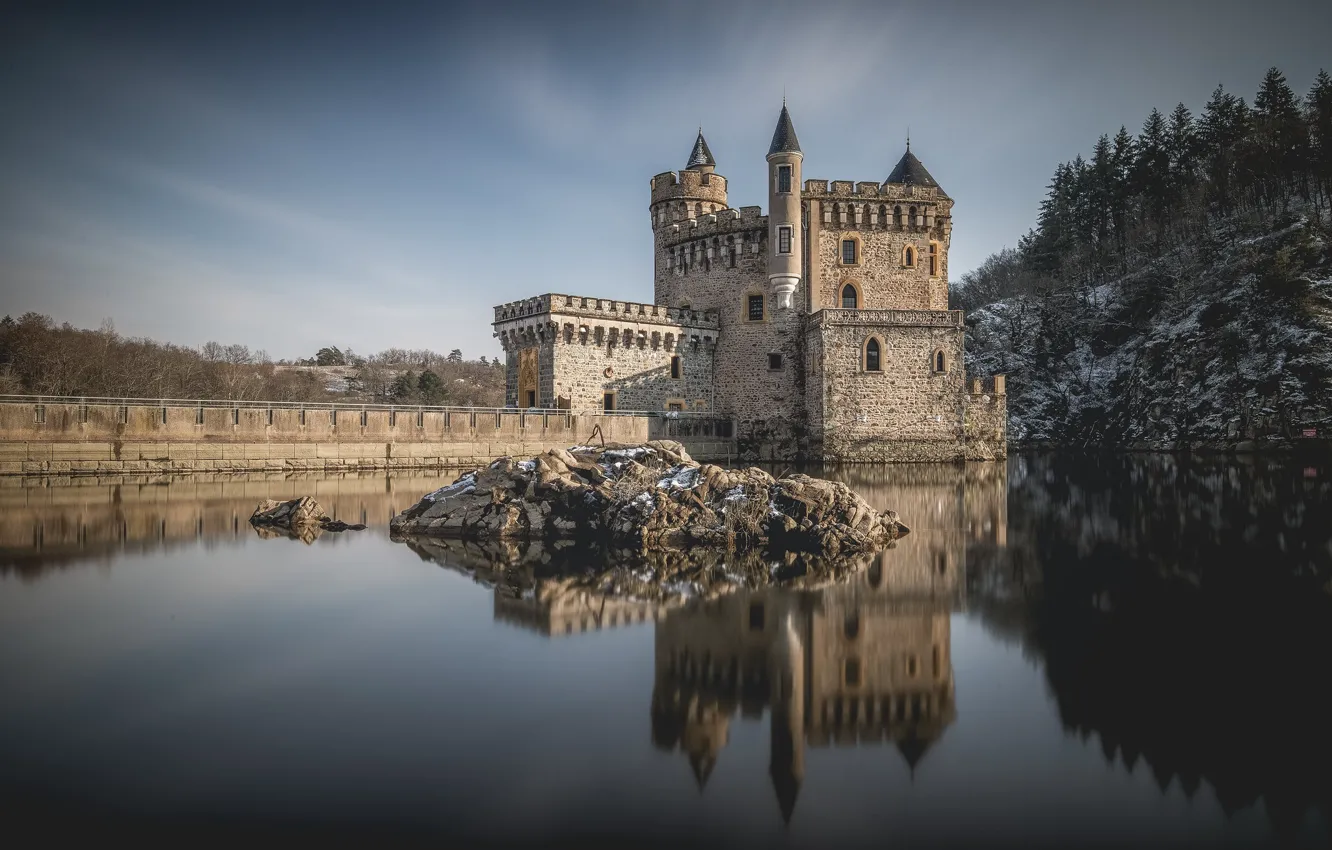 Photo wallpaper bridge, lake, reflection, castle, France, France, Castle of the Rock, Saint-Priest-la Roche