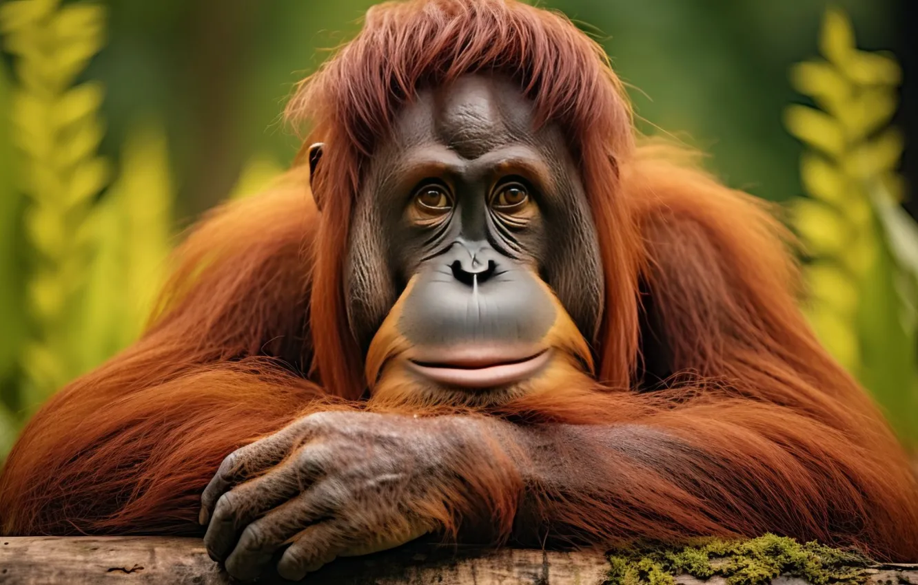 Photo wallpaper view, back, closeup, Orangutan, in_green