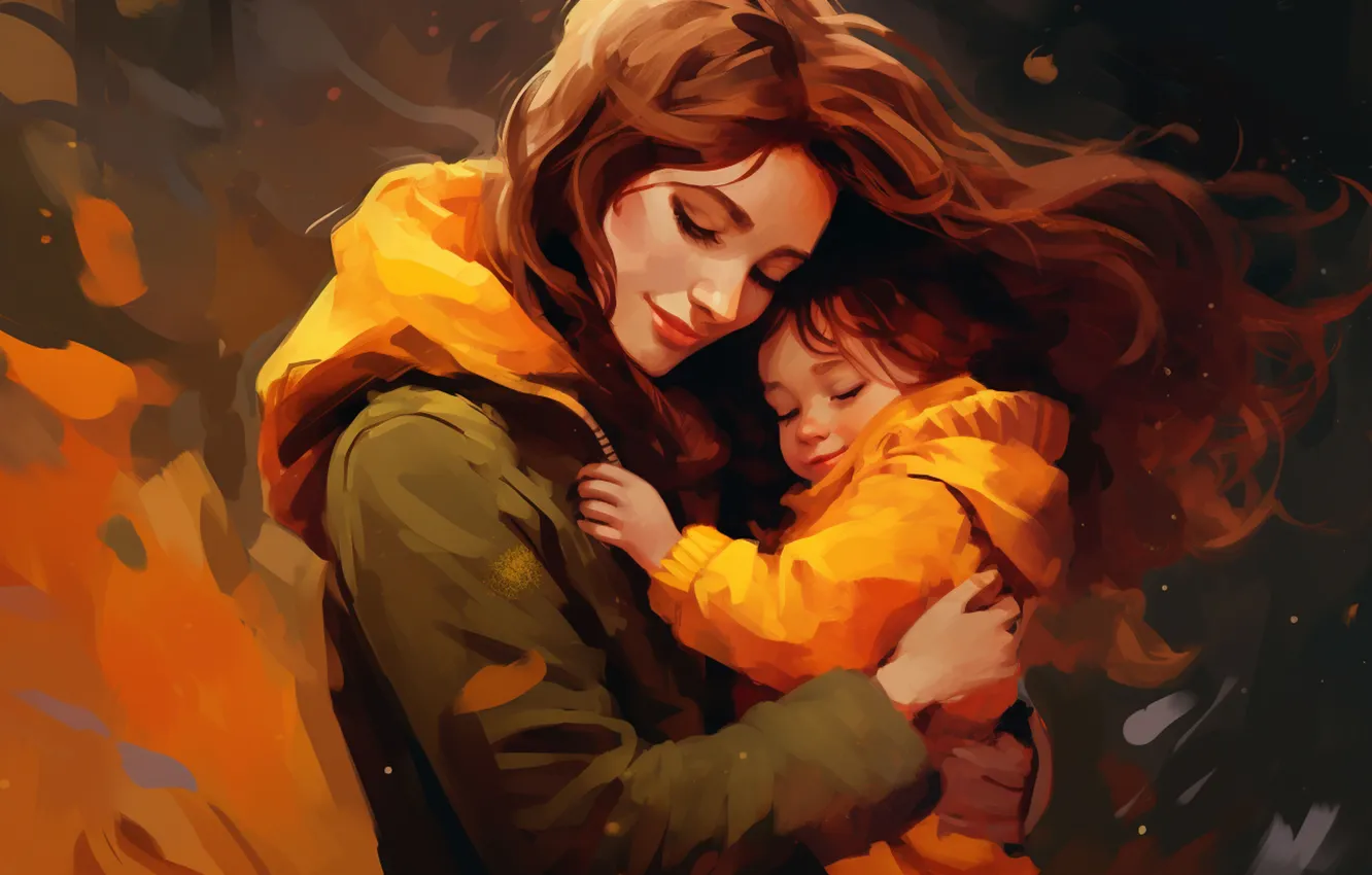 Photo wallpaper girl, love, children, smile, hair, two, mom, digital art