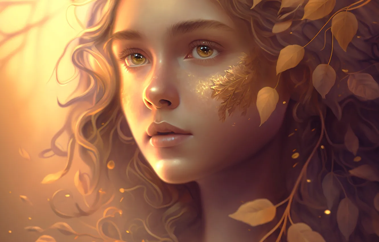 Photo wallpaper look, leaves, girl, hair, Golden leaves of the forest