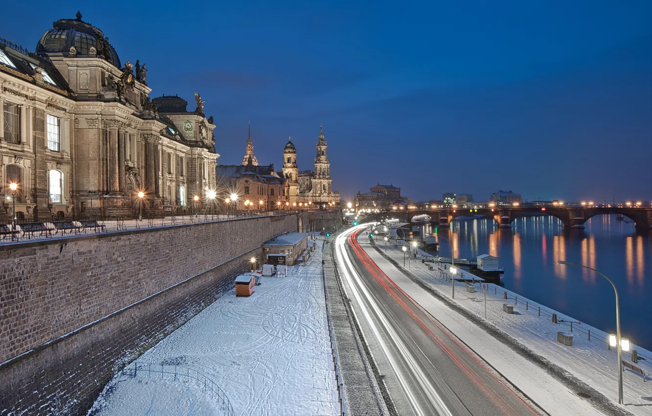Photo wallpaper Germany, night, Dresden, winter, snow, street, blue hour, River Elbe