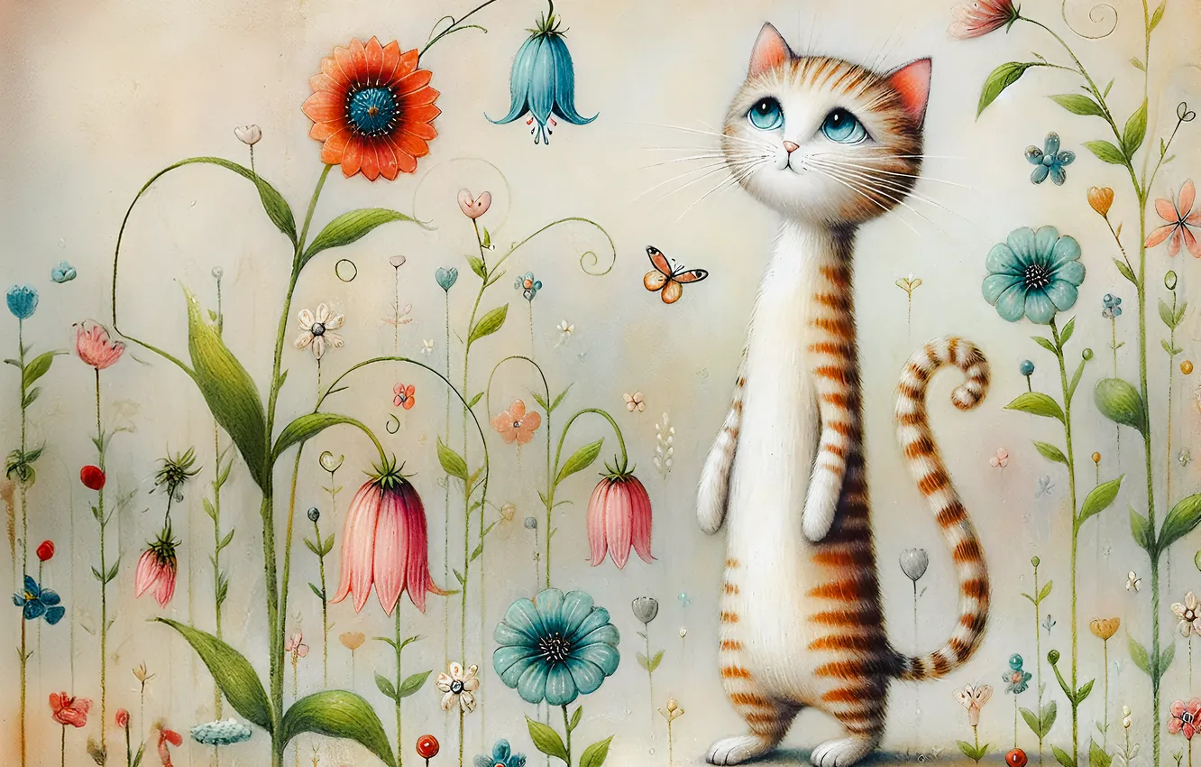 Photo wallpaper cat, cat, look, flowers, pose, figure, styling, kitty