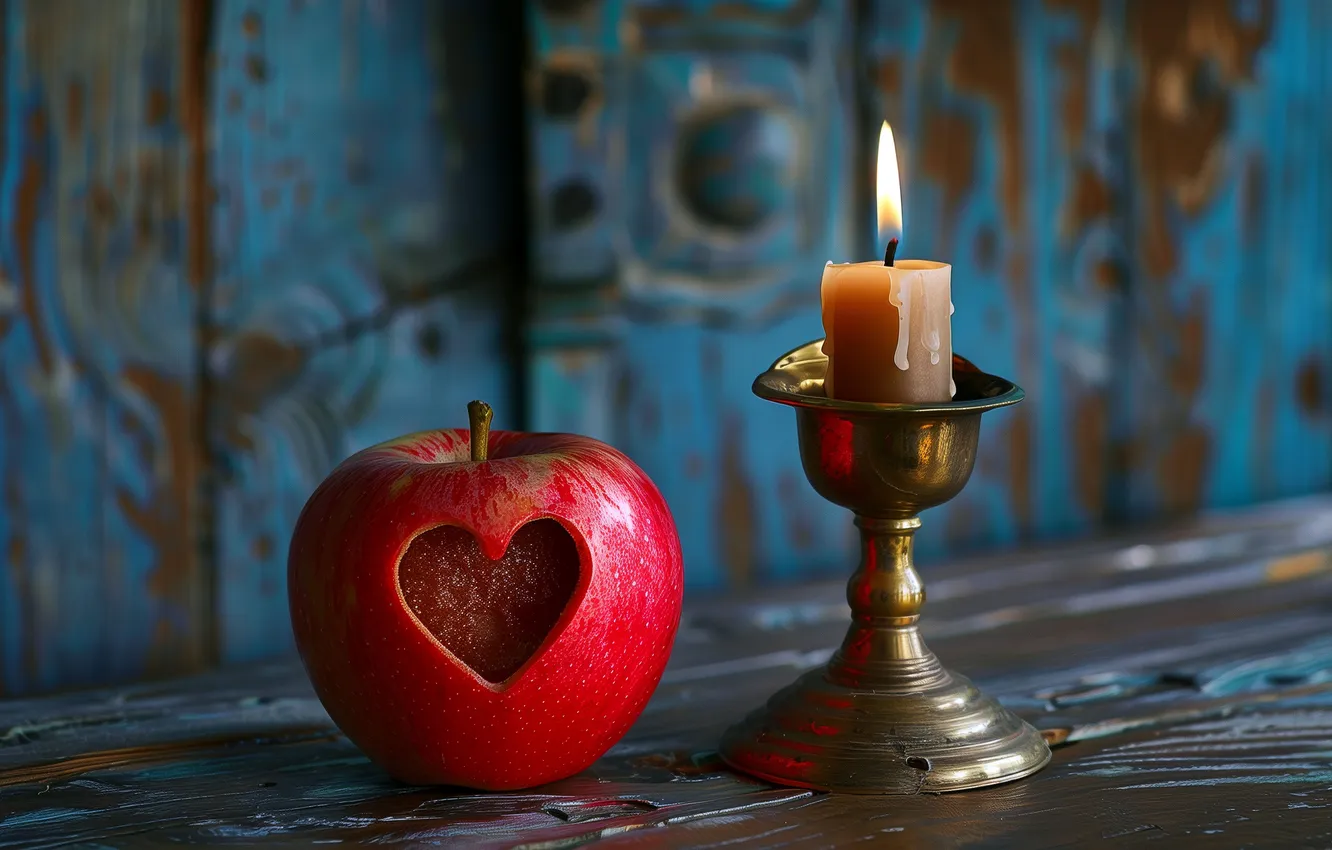 Photo wallpaper love, red, heart, Board, Apple, candle, heart, blue background