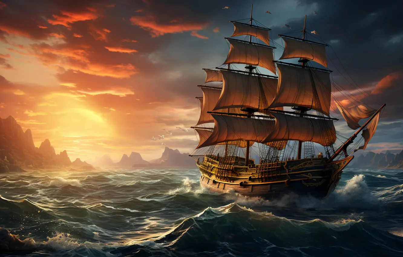 Photo wallpaper The ship, sail, Sailing Ship, boats, ship, AI art, swimming, sailboat