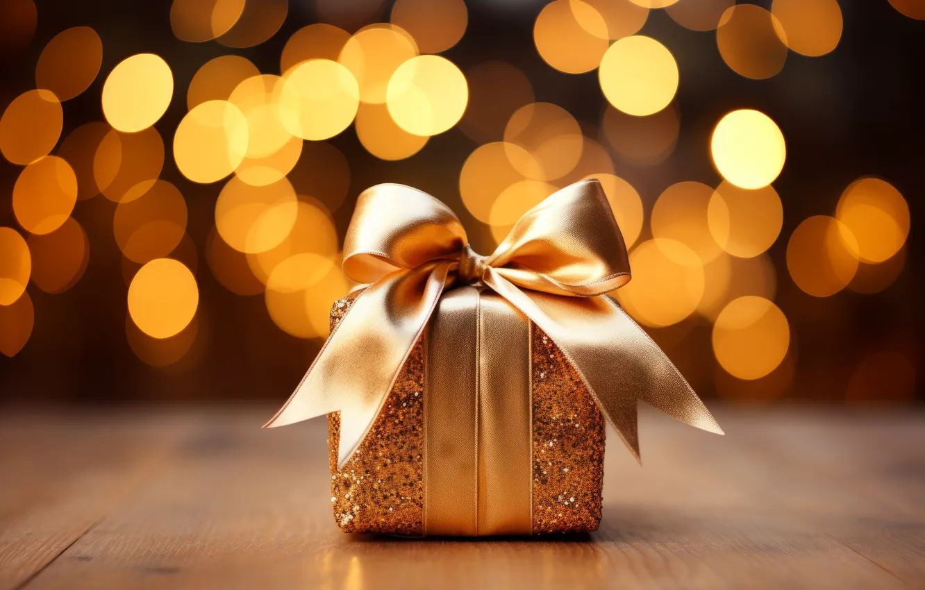Photo wallpaper gift, new year, Christmas, golden, Christmas, bokeh, New Year, decoration