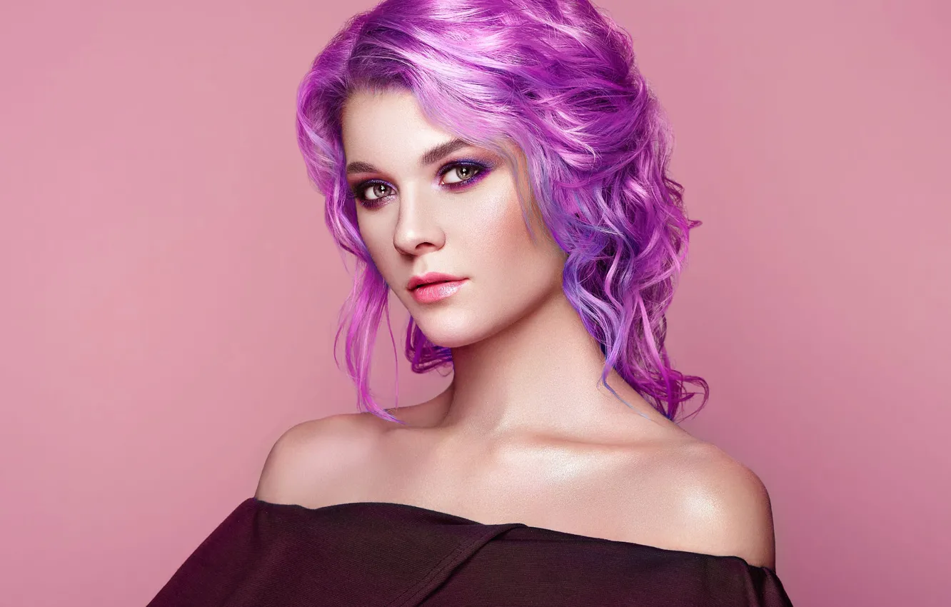 Photo wallpaper look, background, model, portrait, makeup, hairstyle, beauty, purple hair