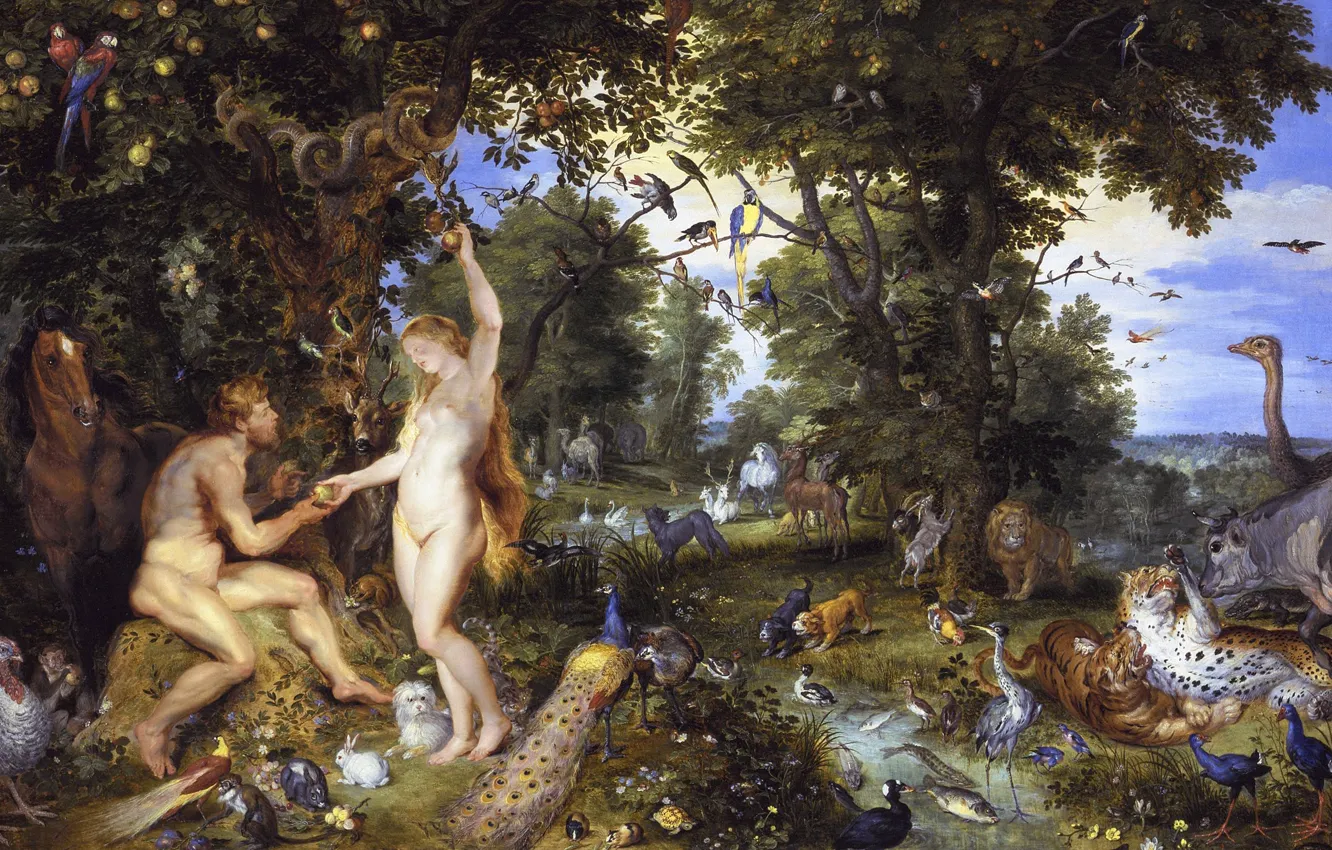 Photo wallpaper animals, picture, Eva, Adam, Peter Paul Rubens, mythology, Jan Brueghel the elder, Pieter Paul Rubens