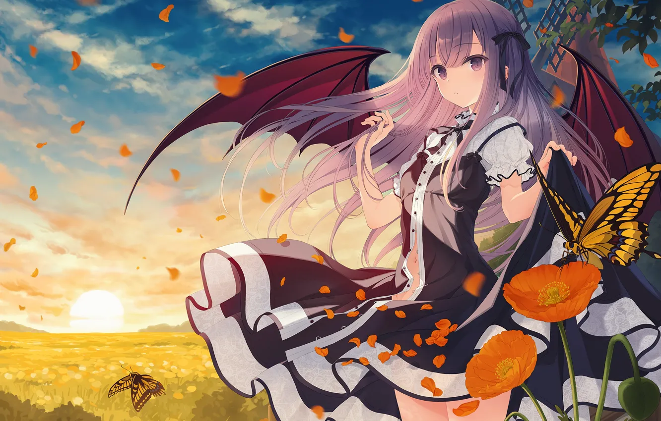 Photo wallpaper field, the sky, girl, the sun, sunrise, butterfly, Maki, morning