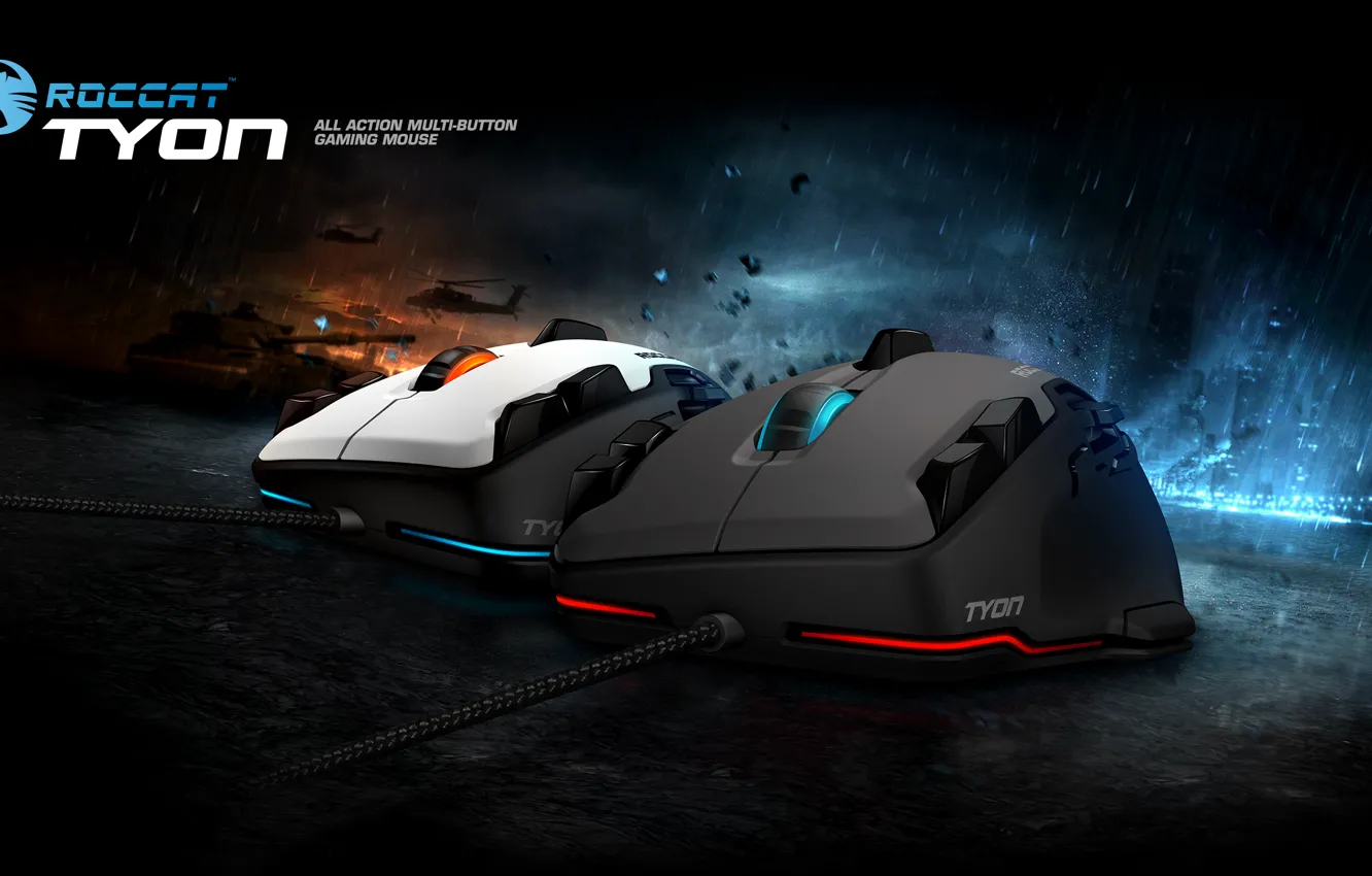 Photo wallpaper red, game, rain, blue, button, Roccat, action, mouse