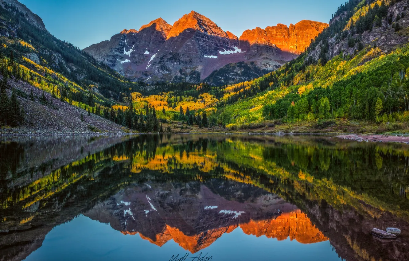 Photo wallpaper autumn, forest, reflection, lake, Colorado, USA, rocky mountains, state