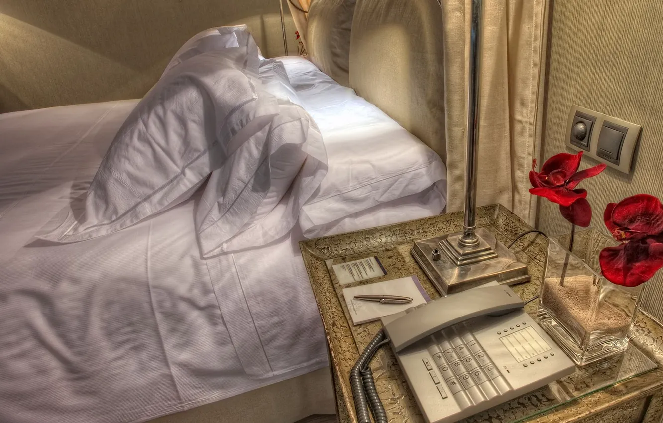 Photo wallpaper flowers, bed, pillow, table, vase, bedroom